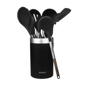 Set de 9 utensilios de cocina Polka en negro con soporte incluido